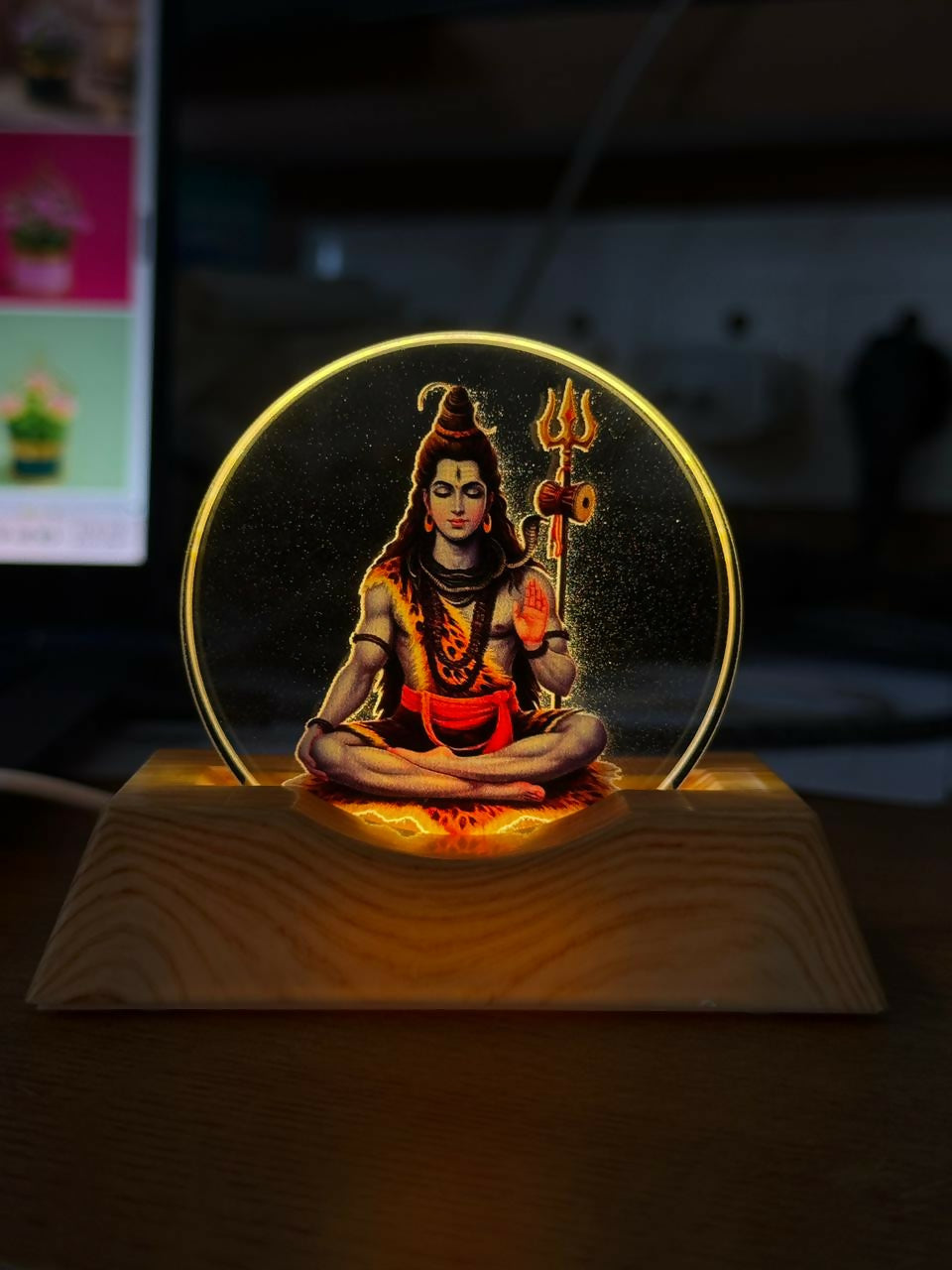 LED Lord Shiva Acrylic Lamp with Wooden Base Spiritual Decor