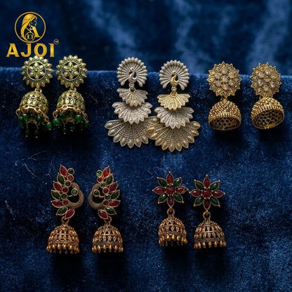 Ethnic Earrings Gold Plated Jhumka & Peacock Set of 5