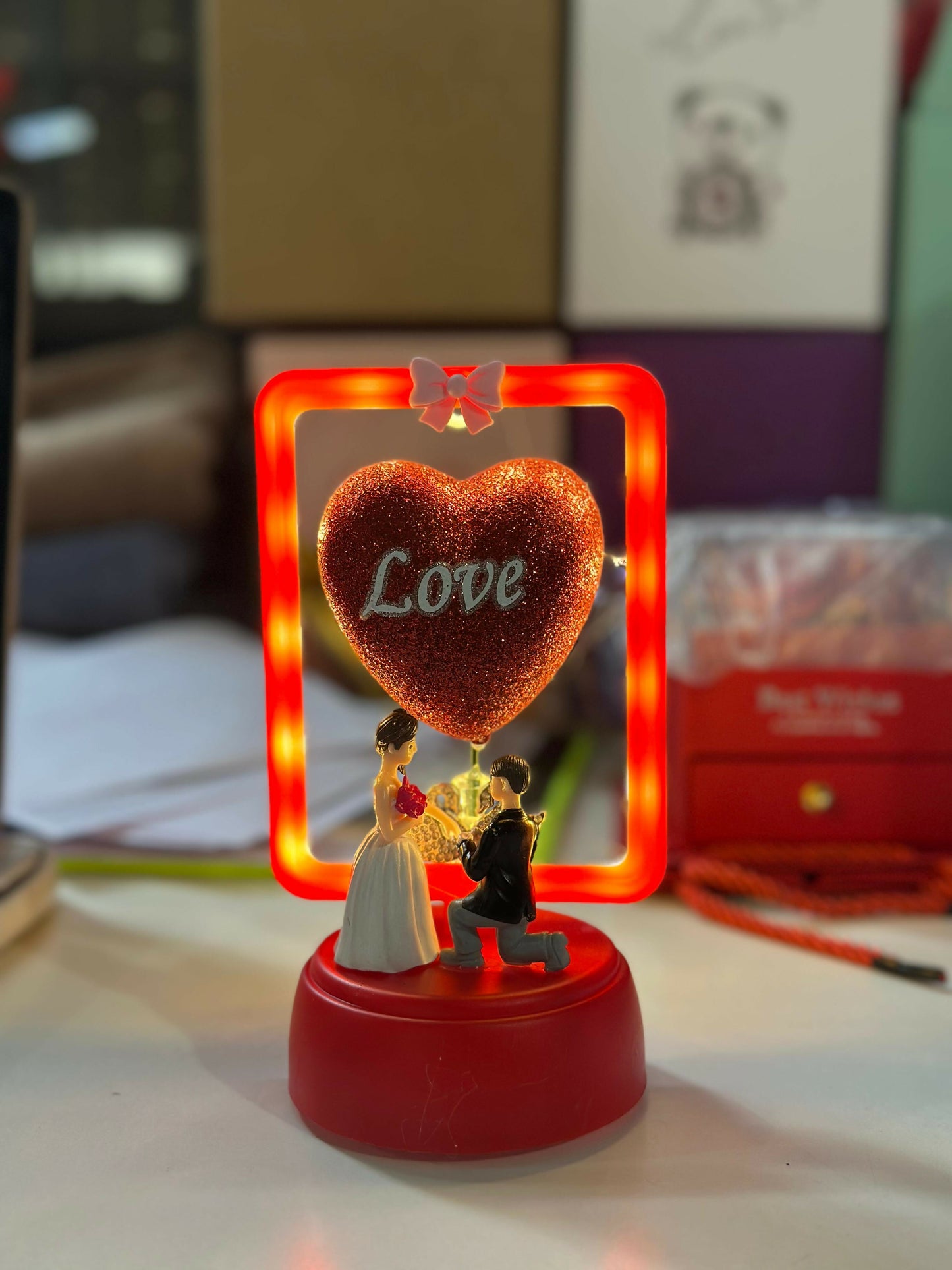 Romantic Proposal LED Showpiece with Heart & Couple Figurine for Gifting
