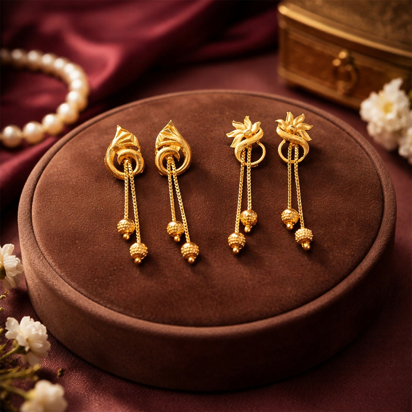 Graceful Flower Crown Gold Dangle Earrings with Bead Drops and Chains (2 Pair)