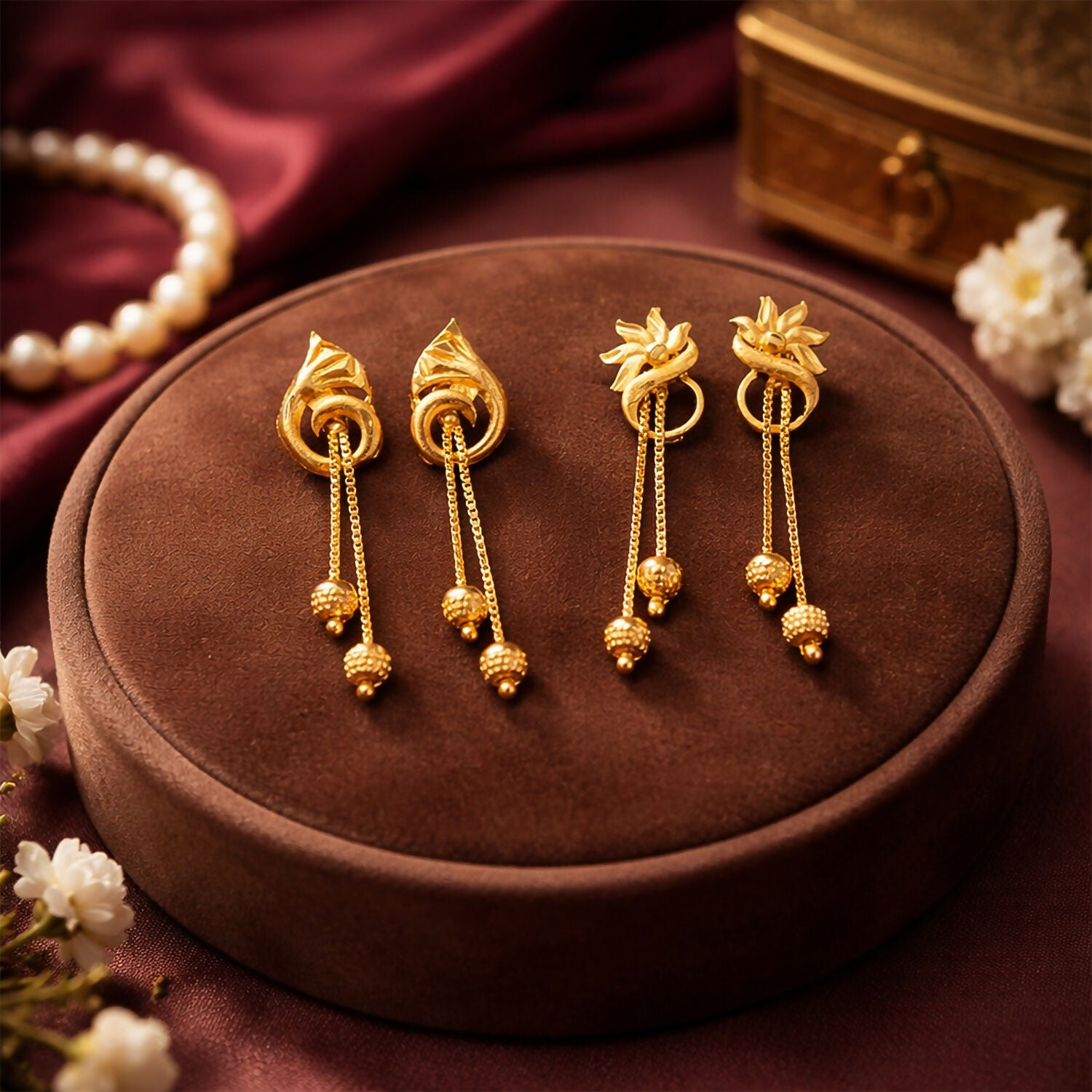 Graceful Flower Crown Gold Dangle Earrings with Bead Drops and Chains (2 Pair)