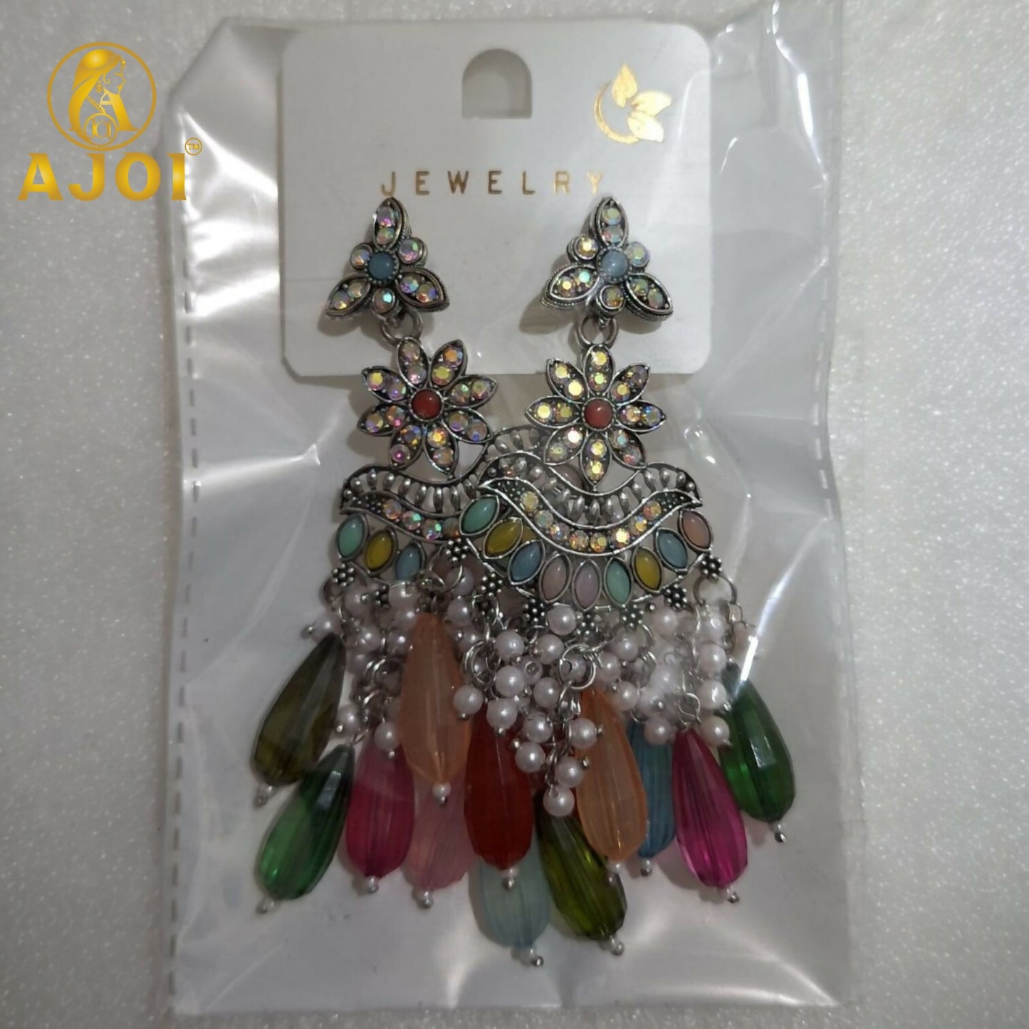 Oxidized Floral Earrings with Multicolor Drop Beads & Pearl Tassels