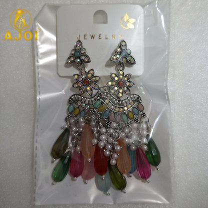 Oxidized Floral Earrings with Multicolor Drop Beads & Pearl Tassels