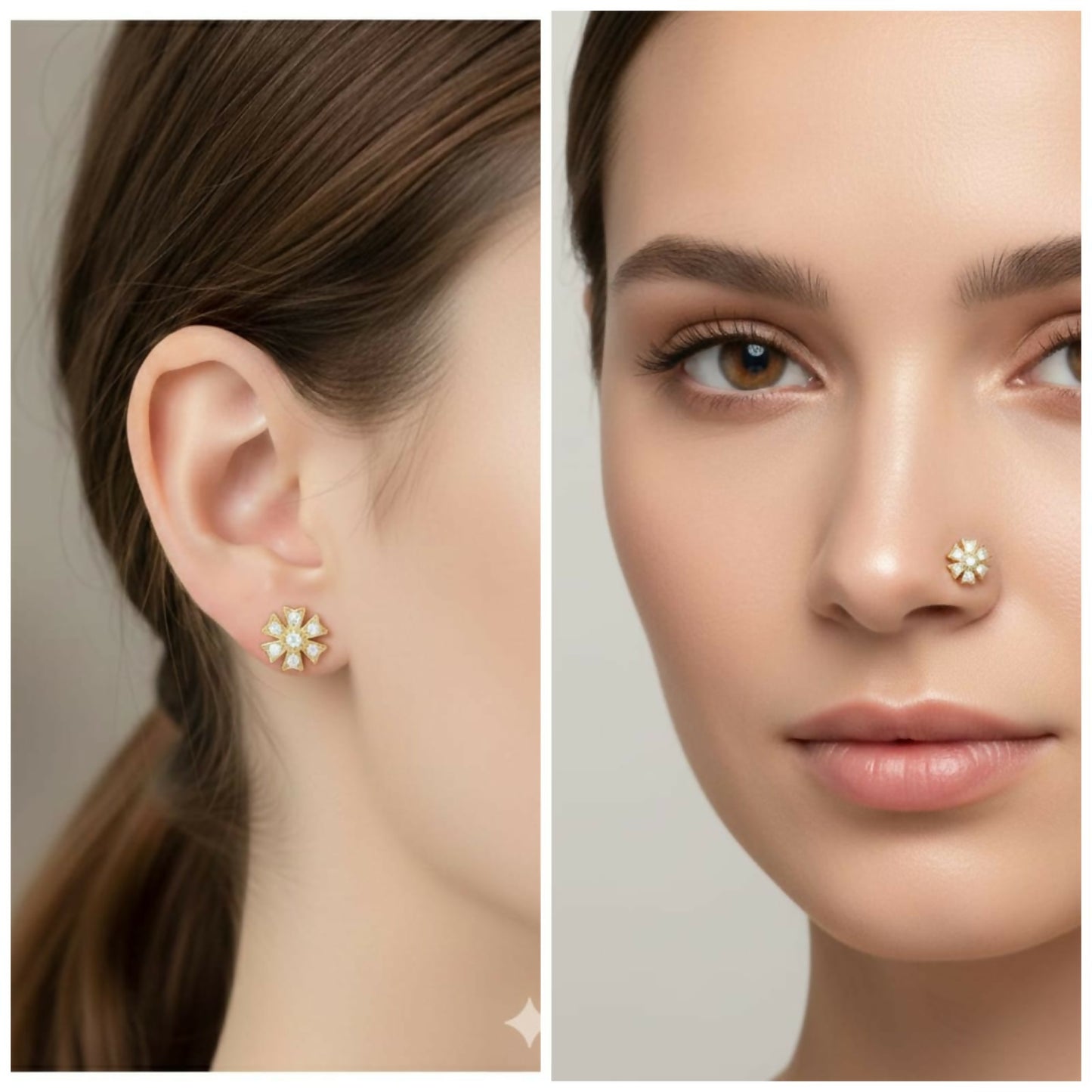 Gold toned flat back flower stud earrings adorned with sparkling clear crystals