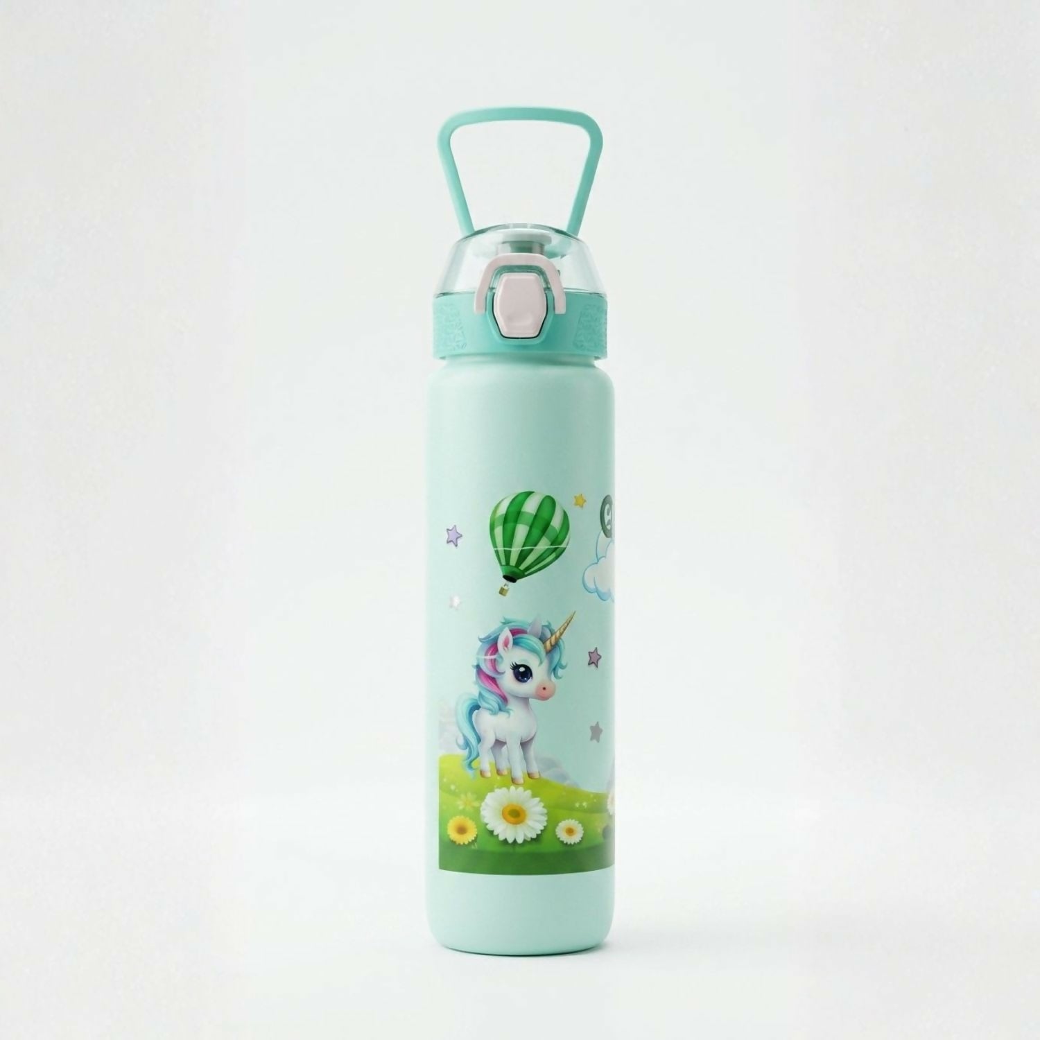 A mint green water bottle with a unicorn print, straw, and teal carry handle is centered on a white background.
