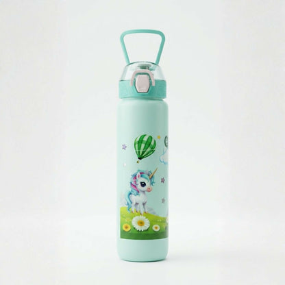 A mint green water bottle with a unicorn print, straw, and teal carry handle is centered on a white background.
