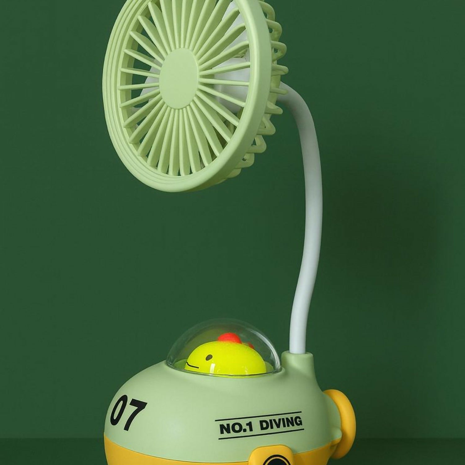 Cute Green Cartoon Desk Fan with LED Night Light & Pencil Sharpener for Kids