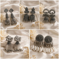 5 Pair Oxidised Silver-Tone Ethnic Earrings Set with Jhumka and Shell Drops for Women