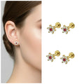 Gold Plated Ruby Floral Stud Earrings – Comfort Fit, 2 Pairs