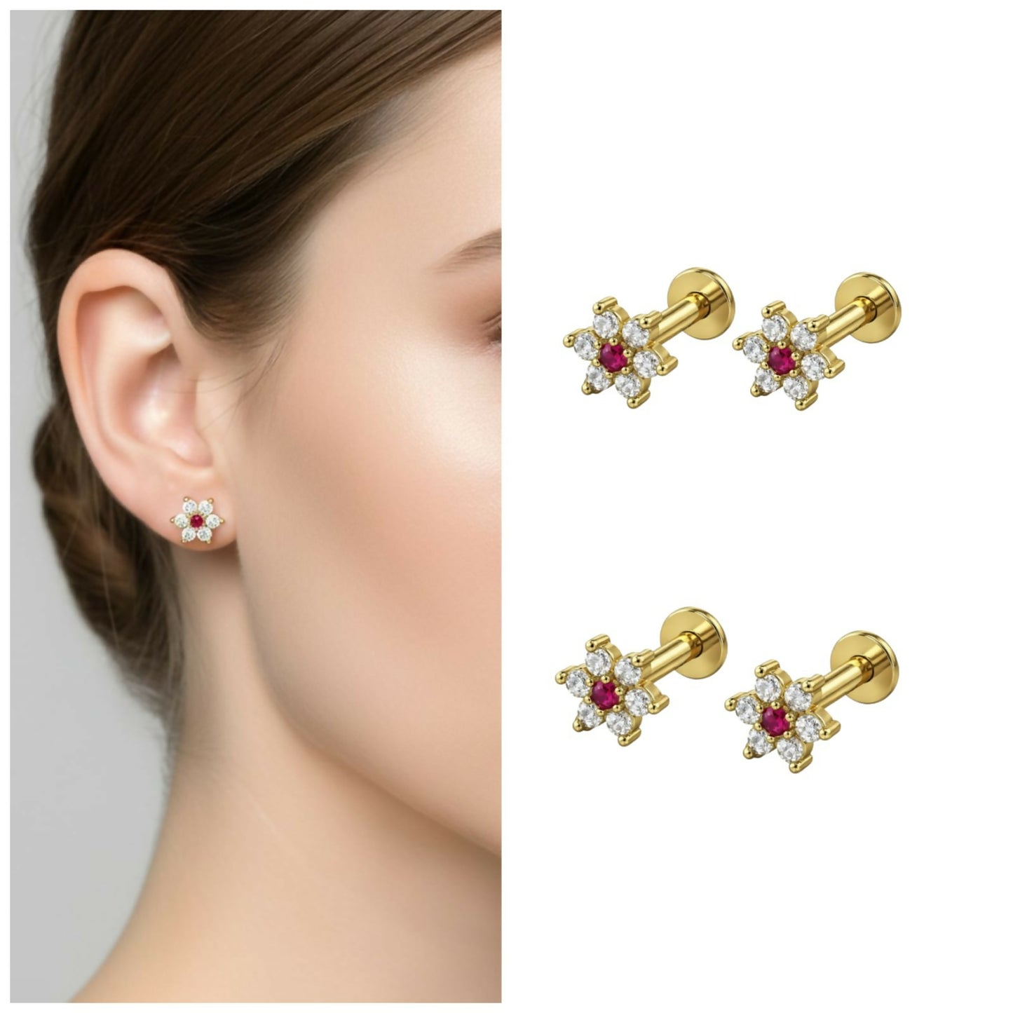 Gold plated ruby floral stud earrings featuring diamond halo with flat back design