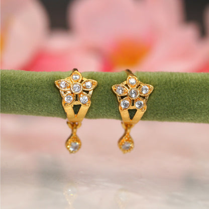 Combo pack of 2 gold plated star and flower dangle huggie earrings with sparkling CZ stones