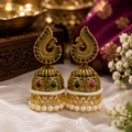 Antique Gold Peacock Jhumka Earrings with Green & Ruby Stones and Pearl Drops