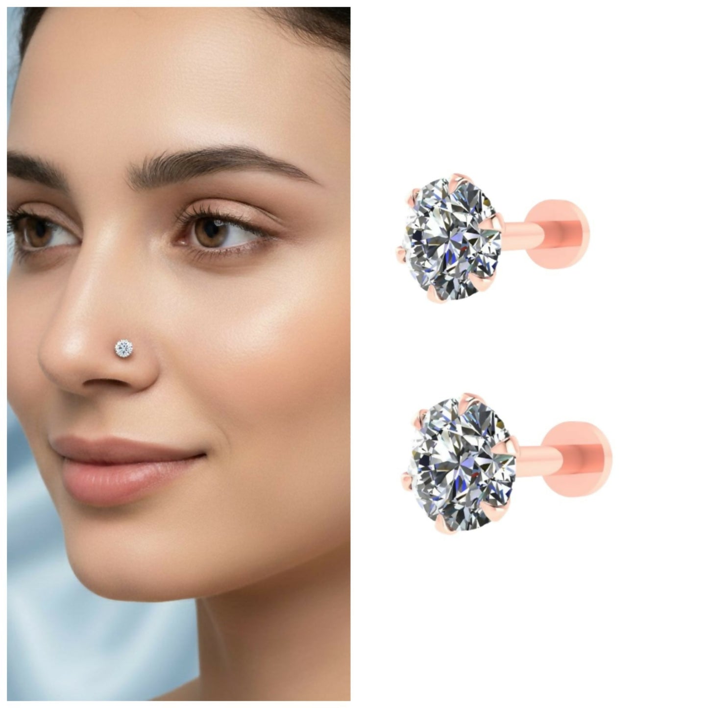 Rose gold labret nosepin with sparkling solitaire diamond style stud in flat back design