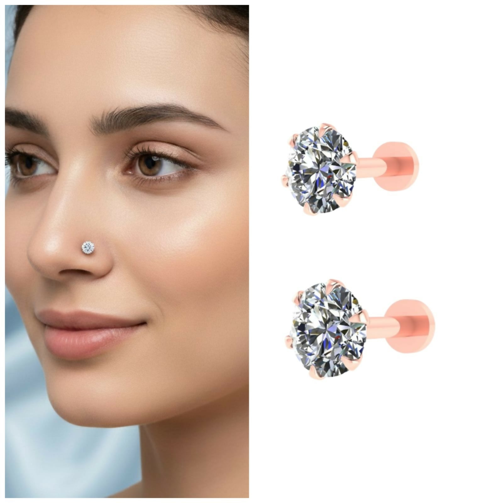 Rose gold labret nosepin with sparkling solitaire diamond style stud in flat back design