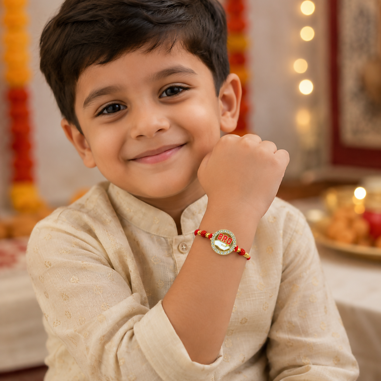 A young boy smiling, wearing a red thread bracelet with a golden circular "BRO" charm on his wrist.