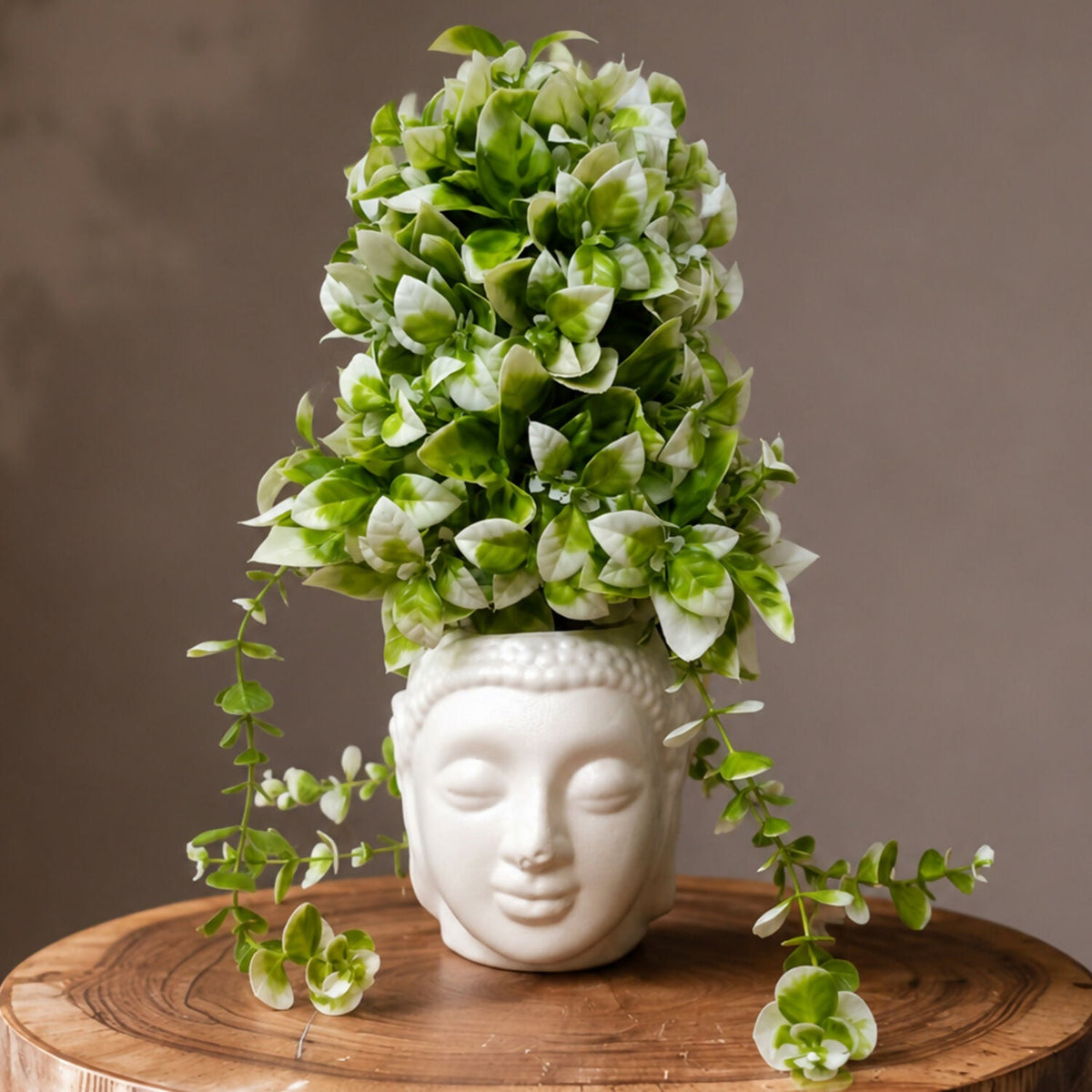 Artificial White Green Plant with Buddha Head Pot Trailing Vines Home Zen Decor