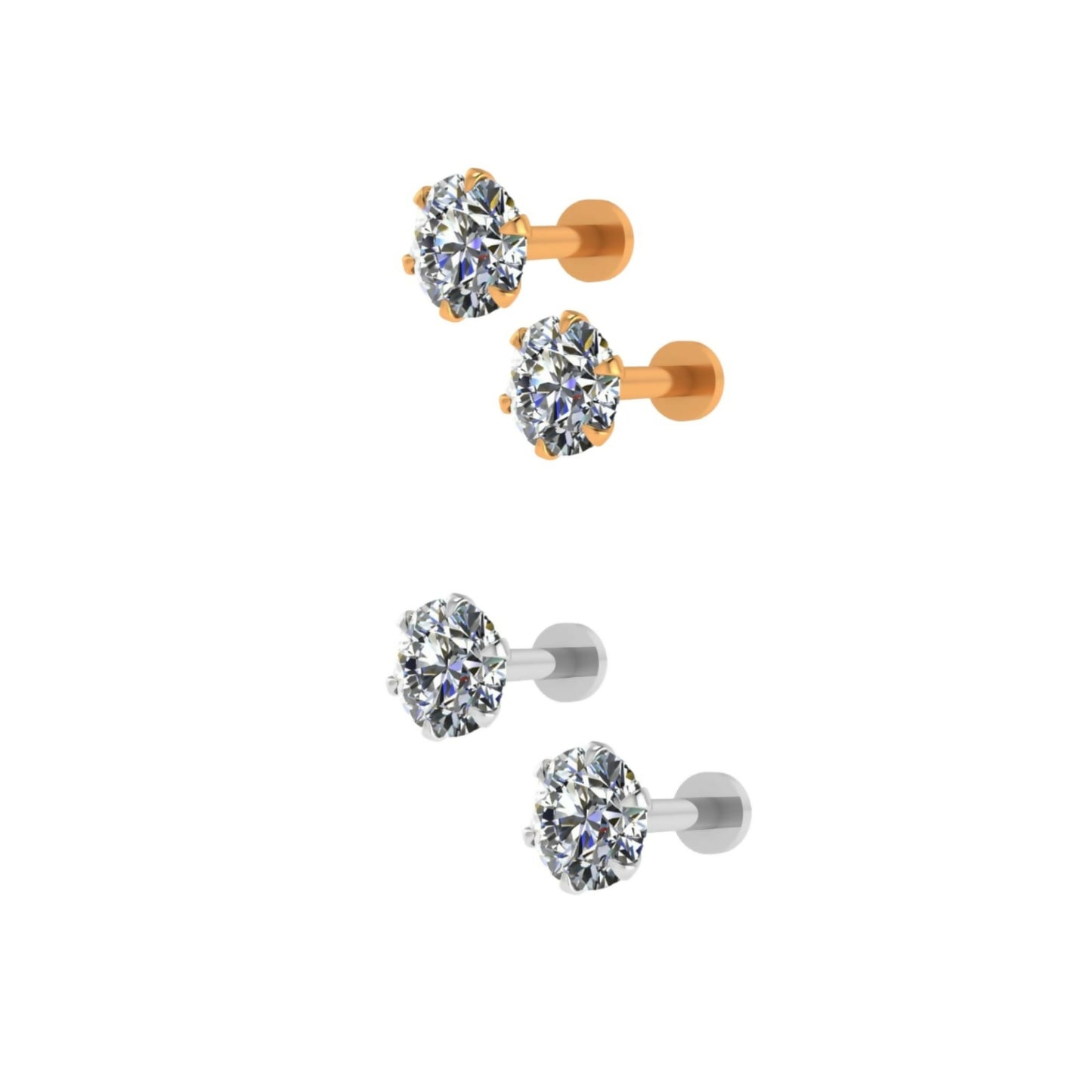 Pair of silver plated round CZ solitaire stud earrings for lobe and cartilage piercings