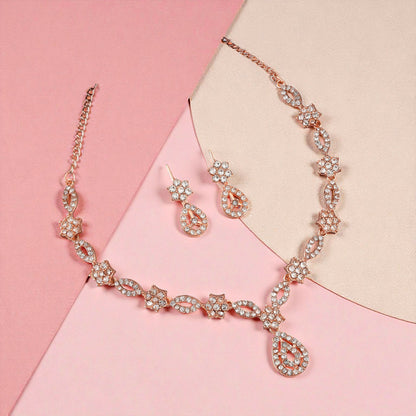 Elegant Crystal & Enamel Floral Link Necklace Set with Pearl Drop (Multiple Colors)