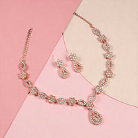 Elegant Crystal & Enamel Floral Link Necklace Set with Pearl Drop (Multiple Colors)