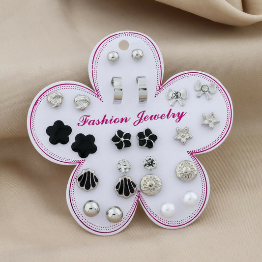 12-Pair Silver and Black Stud Earrings Set Display