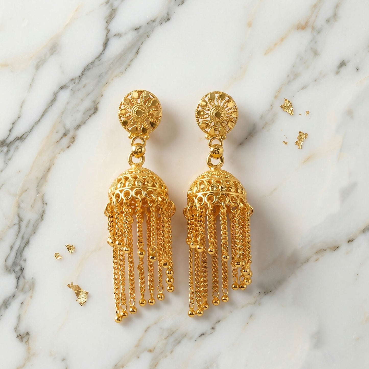 Golden Chain Tassel Jhumka Earrings detail close-up