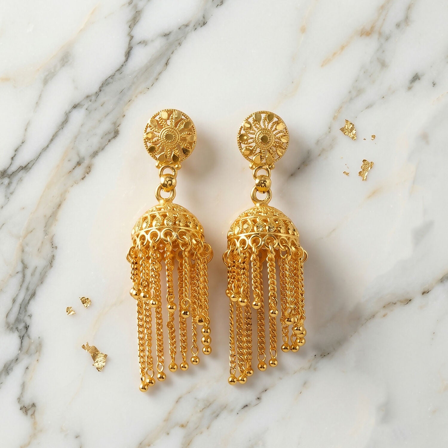 Golden Chain Tassel Jhumka Earrings detail close-up