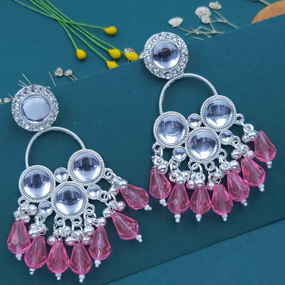 Kundan Baby Pink Pearl Silver Plated Chandbali Earrings Agate Alloy Chandbali Earring