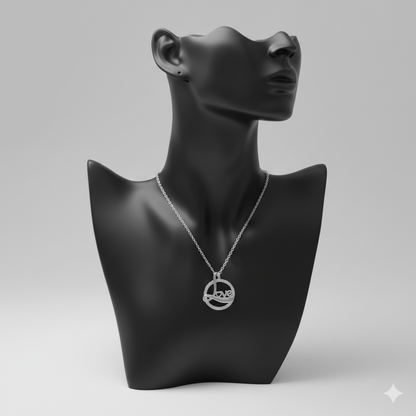 Silver rhodium chain attached to elegant love script circle pendant necklace