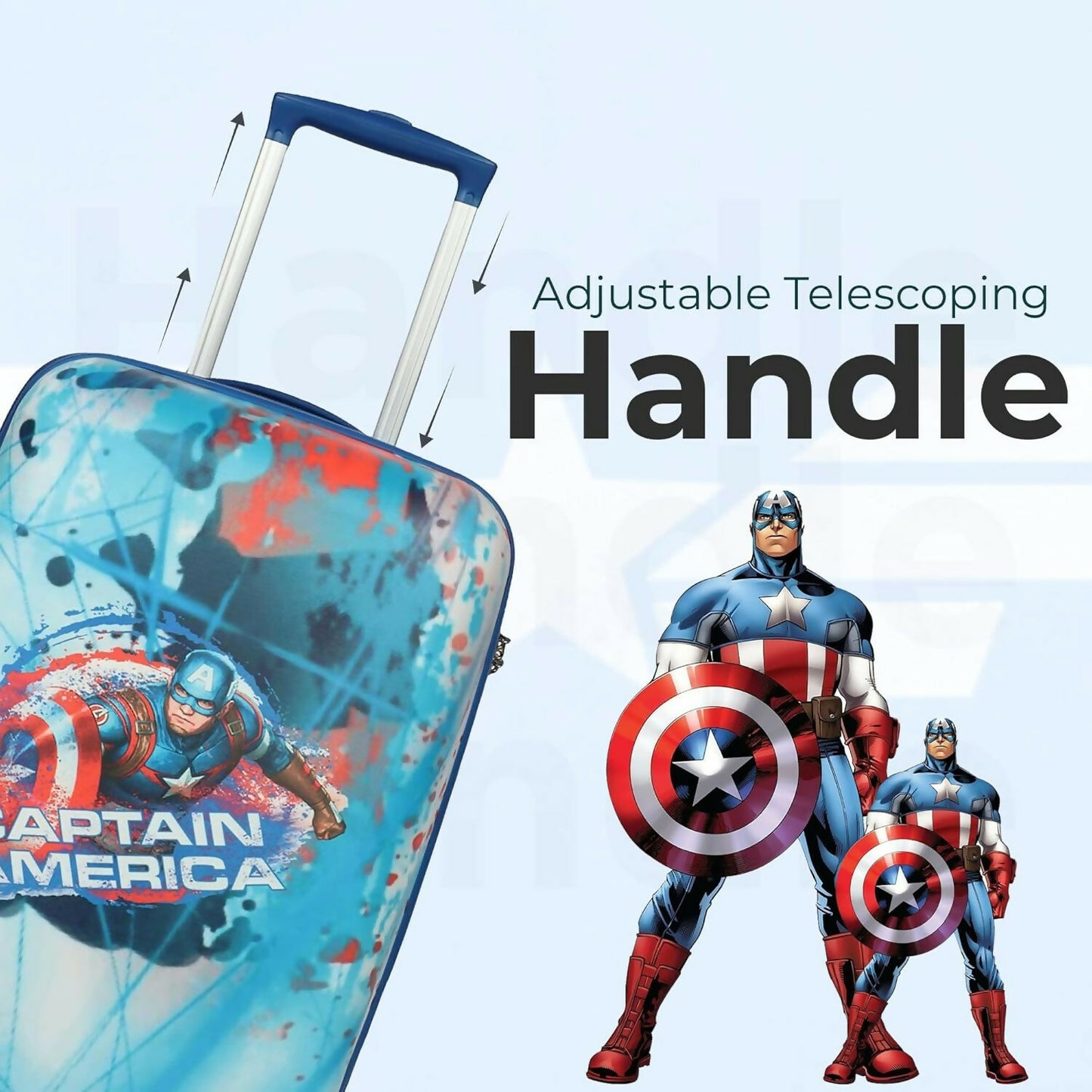 Kids trolley bag with telescopic handle extended and vibrant Captain America design