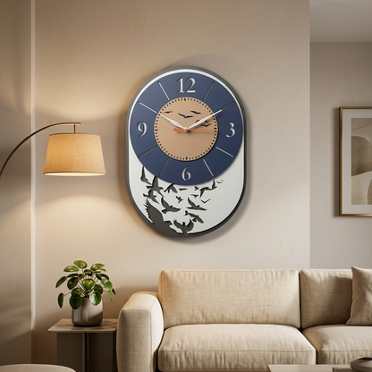 Modern Bird Design Layered MDF Wall Clock Elegant Silent Décor Living Room Office packaging view for festive gifting home