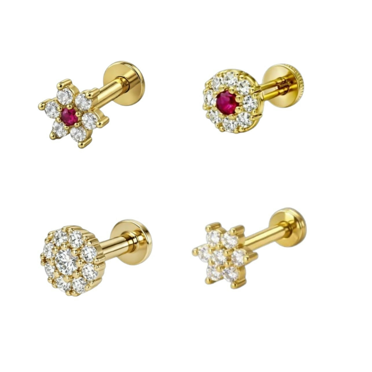 Close-up of gold plated floral nosepin stud with synthetic ruby accents