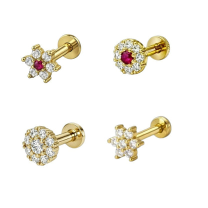 Close-up of gold plated floral nosepin stud with synthetic ruby accents