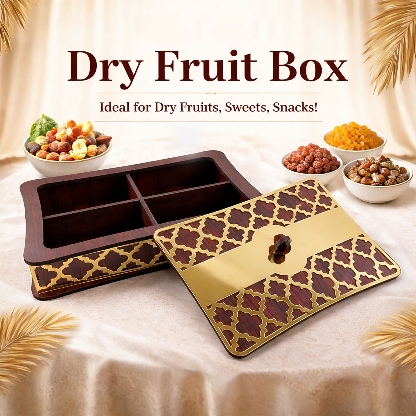 Top view of dry fruit container showing golden patterned lid and compartments