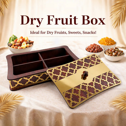 Top view of dry fruit container showing golden patterned lid and compartments