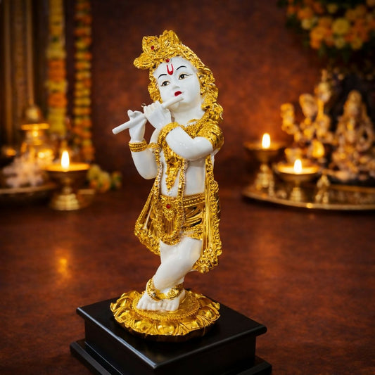 Lord Krishna Flute Idol White and Golden Finish Statue for Home Temple Decor