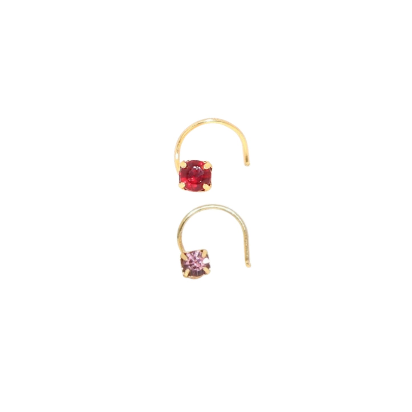 Close-up of ruby and pink crystal gold plated nosepins set for women and girls