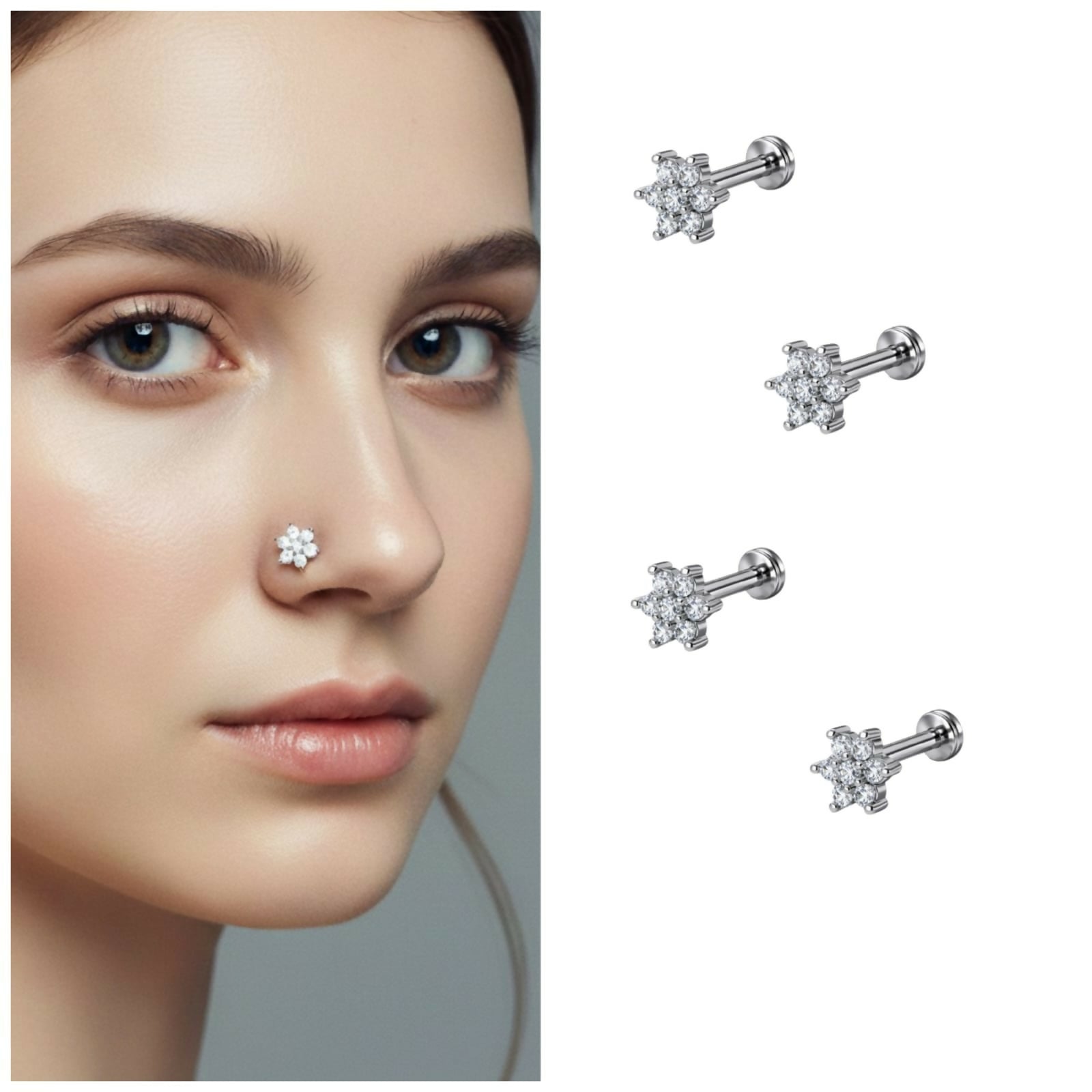 Combo pack of four crystal flower nosepin studs with flat backs on a white surface.