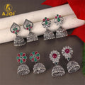Oxidised Silver Jhumka Earrings Combo Set – Traditional Floral Design