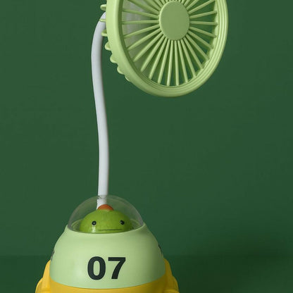 Cute Green Cartoon Desk Fan with LED Night Light & Pencil Sharpener for Kids