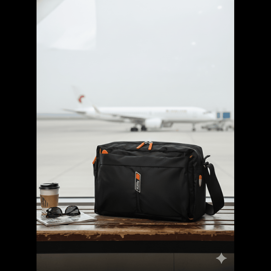 Front view of lightweight crossbody messenger bag showcasing multiple zipper pockets