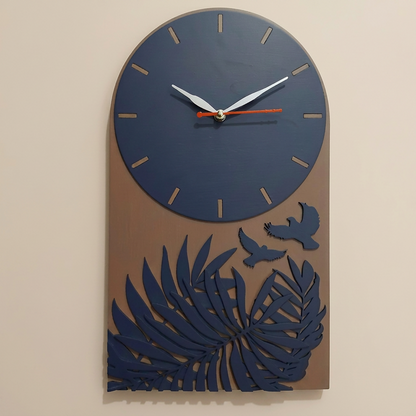 Tropical Leaf Bird Designer Layered MDF Wall Clock Modern Luxury Home Wall Décor front view for festive gifting