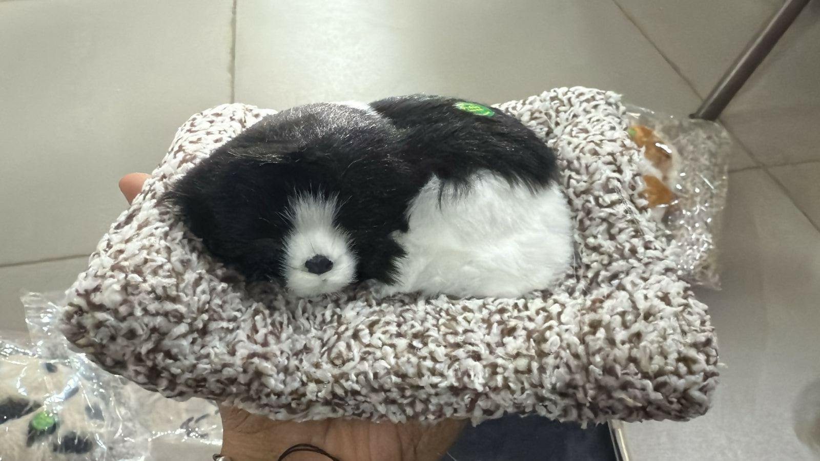 Premium Black & White Sleeping Puppy Dashboard Toy – Ultra-Soft Faux Fur Realistic Dog Figurine with Cozy Plush Knitted Bed, Cute Car Dashboard Decor Ornament, Home & Office Table Showpiece, Adorable Gift for Dog Lovers & Kids