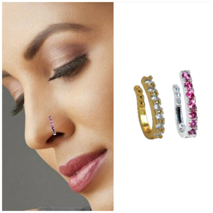 Rose Gold Tone CZ Pink Stone Clip-On Nose Pin Combo Pack of 2