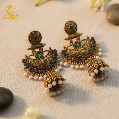 Premium Antique Gold Chandbali Jhumka Earrings