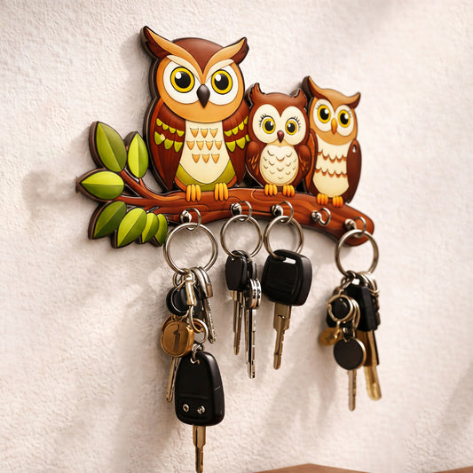 Owl Design Wooden Key Holder for Wall | 5 Hook Decorative Key Stand