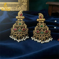 Antique Temple Earrings – Matte Gold, Red-Green Stones & Pearls