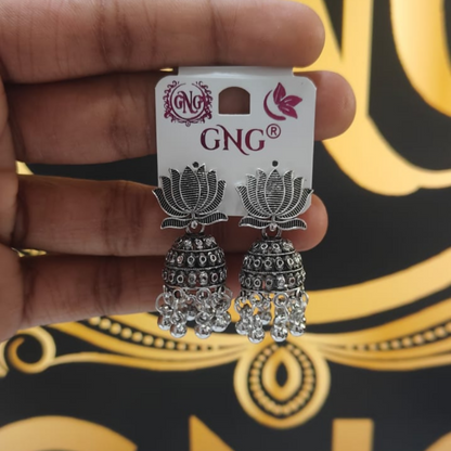 Stunning Pair Oxidised Silver Lotus Jhumka Earrings