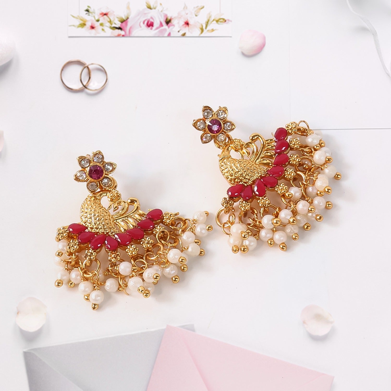 Pearls Pink Dangle Ethnic Earrings For Women