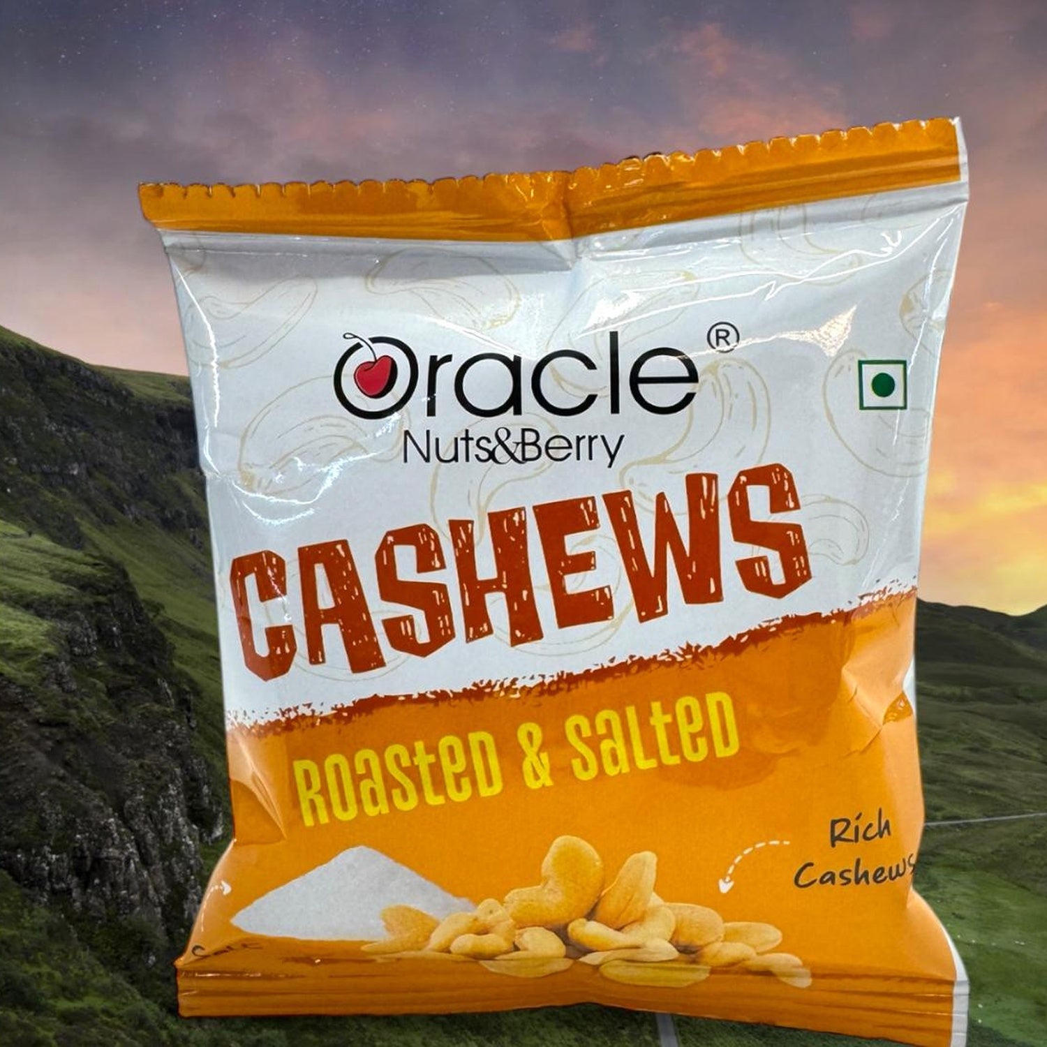 Pack of roasted salted cashews with clear labeling, perfect for gifting or everyday snacking.