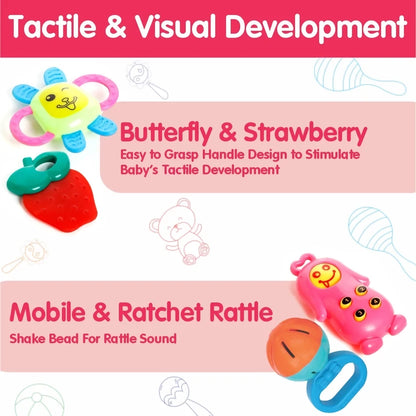 Two sections describe the butterfly and strawberry teether and the mobile and ratchet rattle, with corresponding toys.